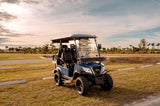 Paladin Luxury Golf Carts 2+2 Ultra Marine Blue, Black Row Seats, White Stitching, Carbon Dashboard.
