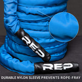 REP Battle Ropes - PolyDacron Battle Rope for Strength and Conditioning Workouts – 1.5" and 2" Diameter, 30ft, 40ft, 50ft Lengths with Optional Cover Sleeve (Blue With Sleeve, 2.0 x 30 ft)