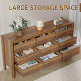 CHUWELL Walnut Dresser for Bedroom, 63" Wide Mid Century Modern Chest of Drawers with 9 Large Storage Space and 4 Solid Wood Cylindrical Legs, 9 Drawer Large Dresser for Bedroom(Walnut)