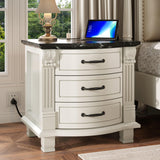 RECHHX Solid Wood Curved Nightstand with Charger Station, Water-Based Painted Bedside Tables with 3 Drawer Storage, Farmhouse End Table with Carved for Bedroom, Living Room, White