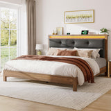 EnHomee King Size Bed Frame, Upholstered Storage Headboard with Charging Station & LED, Wooden Bed Frame，No Box Spring Needed, No Noise, Easy Assembly