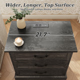 Huuger Nightstand with Charging Station, 3 Drawer Night Stand Set of 2, 22 Inch Wider Side Table with Storage, Farmhouse Nightstand with Vintage Handles, Thicken Base, for Bedroom, Black