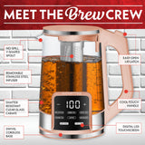 Gourmia Electric Glass Kettle – 1.7L Programmable Tea & Coffee Brewer with Digital Touch Display, 6 Presets, Removable Stainless Steel Infuser, Cordless with 360° Swivel Base, Peach