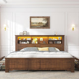 EnHomee King Size Bed Frame with 4 Storage Drawers and Headboard,LED Lights & Charging Ports,No Box Spring Needed for Big House,Noise-Free,Wooden,Brown