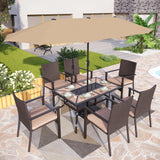 PHI VILLA 7pc Patio Dining Set with Umbrella, Wood-top Table, Rattan Chairs