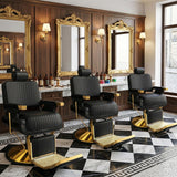 Felivine Reclining Barber Chair, Heavy Duty Hydraulic Barber Chair for Barbershop, Barber Salon Chairs with Vertical Stitch PU Leather, Adjustable Headrest & Footrest, 360° Swivel, Black and Gold