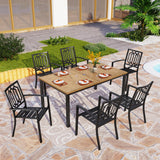 PHI VILLA 7 Pcs Outdoor Dining Set, 65" Wood-Like Table w/Umbrella Hole