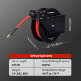 Retractable Air Hose Reel | Rewind 50 ft x 3/8 in Hybrid Air Hose Max 300PSI | Heavy Duty Air Compressor Hose Reel with Auto Rewind and Bracket | Ceiling|Wall Mount for Garage | Workshop | Home Studio