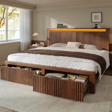Homkdom King Bed Frame with 2 Drawers and Mid-Century Wooden Wavy Panel Headboard,Charging Station&LED Lights,Heavy Duty Steel,Noise-Free,No Box Spring Needed,Easy Assembly,Walnut