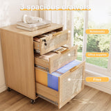 INNOD 3 Drawers Rattan Mobile File Cabinet with Lock, Rolling File Cabinet Printer Stand Table, Under Desk Wooden Filing Cabinets for Home Office Essentials Storage Organization Furniture Letters/A4