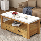 LubanNese Coffee Table 40" Faux Marble 2-Tier Modern Wooden Rectangle Center Table with Drawers for Living Room, Conference Room, Thickened Top, Small Space Home Furniture (Natural Oak with Storage)