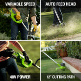 Greenworks 40V 12" Cordless String Trimmer, 2.0Ah Battery and Charger Included