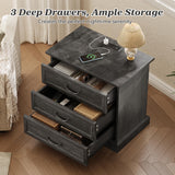 Huuger Nightstand with Charging Station, 3 Drawer Night Stand Set of 2, 22 Inch Wider Side Table with Storage, Farmhouse Nightstand with Vintage Handles, Thicken Base, for Bedroom, Black