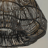 Modern 1-Light Matte Black Outdoor Coastal Boho 20 in. Scalloped Pendant Light for Patio with Wicker Rattan Shade