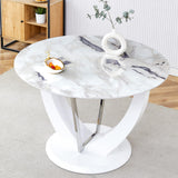 JUFU Round Dining Table for 4/6, 47 Inch Faux Marble Look Dining Room Table, White Kitchen Table with Stable Pedestal, Modern Glass Dining Table for Kitchen,Living Room,Apartment,Restaurant