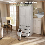 FJTJBSI Wooden Armoire Wardrobe Closet with 3 Drawers and LED Light 72" Modern Bedroom Armoire with Retro Ceramic Door Handles Wardrobe Cabinet with Removable Hanging Rod White