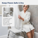 Drive Medical Splash Defense Tub Transfer Bench for Bathtub - U-Shaped Shower Curtain Guard - Adjustable Height - Reversible Design - 400 Lb Capacity - Safe Bathing Aid - White
