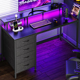 Huuger 47 Inch Computer Desk with Power Outlets and LED Lights, Gaming Desk with 4 Drawers,
