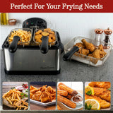 Deep Fryer - 4-Liter Electric Oil Fryer - 1 Large Basket and 2 Small for Dual Use - Stainless-Steel Cooker with Cool Touch Features by Classic Cuisine