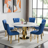 SSLine White Faux Marble Round Dining Table Set for 6 with Velvet Chairs