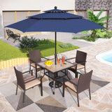 PHI VILLA 5pc Patio Dining Set with Umbrella, Square Table, Rattan Chairs