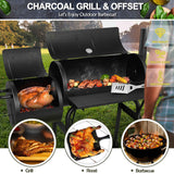 Joyfair Charcoal Grill with Offset Smoker, Camping Barbecue Grill with Side Fire Box for Outdoor BBQ Smoking/Backyard Party Grilling, Thick Iron Steel & Dual Chamber Design, Thermometer & Chimney