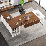 70.8-Inch Executive Desk with 55-Inch File Cabinet, Large L Shaped Computer Desk | Walnut & White Tribesigns