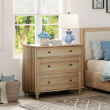 WAMPAT Farmhouse Nightstand with 3 Drawers, Set of 2 Large 3 Drawers Wood Bedside Table Night Stand, Wide Sofa Side End Table Chest of Dresser for Living Room, Bedroom, Oak, 34 inch