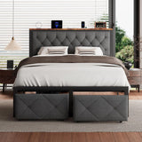 iPormis Full Bed Frame with 2 Storage Drawers, Linen Upholstered Headboard Platform Bed with Charging Station, No Box Spring Needed, Metal Slats Support, Noise-Free, Easy Assembly, Grey