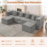 MONVANE Modular Sectional Cloud Couch for Living Room - 130'' 6 Seater Convertible Chenille Couches Set with Ottoman, No Assembly Compression Sofas, Comfy Floor Sofa with Memory Foam, Light Grey