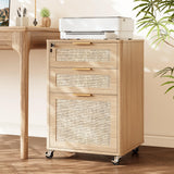 INNOD 3 Drawers Rattan Mobile File Cabinet with Lock, Rolling File Cabinet Printer Stand Table, Under Desk Wooden Filing Cabinets for Home Office Essentials Storage Organization Furniture Letters/A4