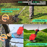 Cordless 2-in-1 Tiller & Weed Whacker Combo, 800W Brushless Motor, 12"x9" Rototiller, 8" Trimmer, 2x21v 6.0Ah Battery, Electric Weed Eater & Garden Tiller, Perfect for Lawn Care & Gardening Tools