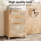 INNOD 3 Drawers Rattan Mobile File Cabinet with Lock, Rolling File Cabinet Printer Stand Table, Under Desk Wooden Filing Cabinets for Home Office Essentials Storage Organization Furniture Letters/A4