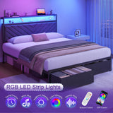 Fluest Queen Bed Frame with 2 Drawers, Upholstered Headboard with Storage and Charging Station, LED Lights, Fabric Drawers with Wheels, Under Bed Storage, No Box Spring Needed, Easy Assembly, Grey