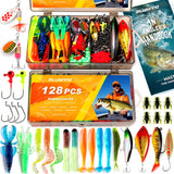 PLUSINNO Fishing Lures, 128Pcs All-in-One Fishing Tackle Box with Step-by-Step Handbook, Fishing Gear & Bait Accessories Kit for Freshwater Bass, Ideal Fishing Gifts for Men, Father & Beginners