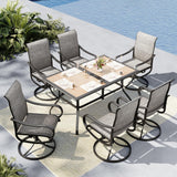 MFSTUDIO Outdoor Dining Set for 6, Wood-Grain Table w/Padded Swivel Chairs