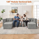 MONVANE Modular Sectional Cloud Couch for Living Room - 130'' 6 Seater Convertible Chenille Couches Set with Ottoman, No Assembly Compression Sofas, Comfy Floor Sofa with Memory Foam, Light Grey