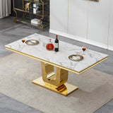 Maotifeys White Marble Dining Table for 6 Modern Luxury Faux Marble Kitchen Table for 6, 68" Large Dining Room Tables with U-Shape Gold Stainless Steel Base