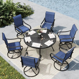 MFSTUDIO 7 Piece Outdoor Dining Set, Round Table & Swivel Chairs, Navy Blue