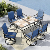 MFSTUDIO Outdoor Dining Set for 6, Wood-Grain Table w/Swivel Chairs, Blue