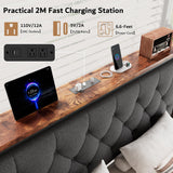 iPormis Full Bed Frame with 2 Storage Drawers, Linen Upholstered Headboard Platform Bed with Charging Station, No Box Spring Needed, Metal Slats Support, Noise-Free, Easy Assembly, Grey
