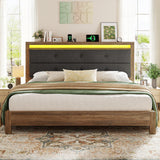 EnHomee King Size Bed Frame, Upholstered Storage Headboard with Charging Station & LED, Wooden Bed Frame，No Box Spring Needed, No Noise, Easy Assembly