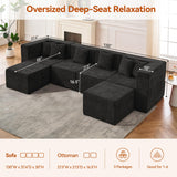 MONVANE 130'' Modular Sectional Cloud Couch for Living Room, 6 Seater Convertible Chenille Couches Set with Ottoman & Pillow, No Assembly Compression Sofas, Comfy Floor Sofa with Memory Foam, Black