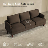 Busaurus 3 Seater Sofa Couch with Deep Seats, 89" Mid Century Modern Upholstered Sofa with Armrests, Comfy Couches for Living Room, Bedroom, Apartment and Office (Brown)