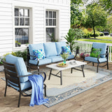 MFSTUDIO 4 Piece Metal Patio Furniture Set with Blue Cushion