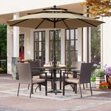 PHI VILLA 5pc Patio Dining Set with Umbrella, Square Table, Rattan Chairs