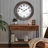 CLXEAST 24 Inch LED Illuminated Outdoor Clocks Waterproof with Thermometer & Hygrometer, Large Lighted Metal Wall Clock with Smart Night Light Sensor,Grey Oak Finish,House Warming Gifts New Home