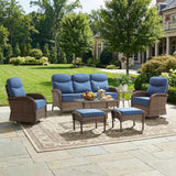 Luxury Patio Furniture Set with 6-inch Thick Cushions, Outdoor Furniture Set with High Back Swivel Chairs, 7 PCS Wicker Outdoor Conversation Set for Porch, Patio, Yard, Deck, Poolside, Brown/Blue