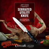 Cutluxe Serrated Kitchen Utility Knife - 5" Tomato Knife – Ultra Sharp Blade, Ergonomic Handle, Full Tang, Forged High Carbon German Steel – Artisan Series
