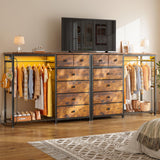 EnHomee 49.2" W Dresser with Hanging Rack & 6 Fabric Drawers – Wooden Top Organize Unit Featuring LED Lights, Charging Station & Grid Panel & Hooks for Bedroom, Rustic Brown